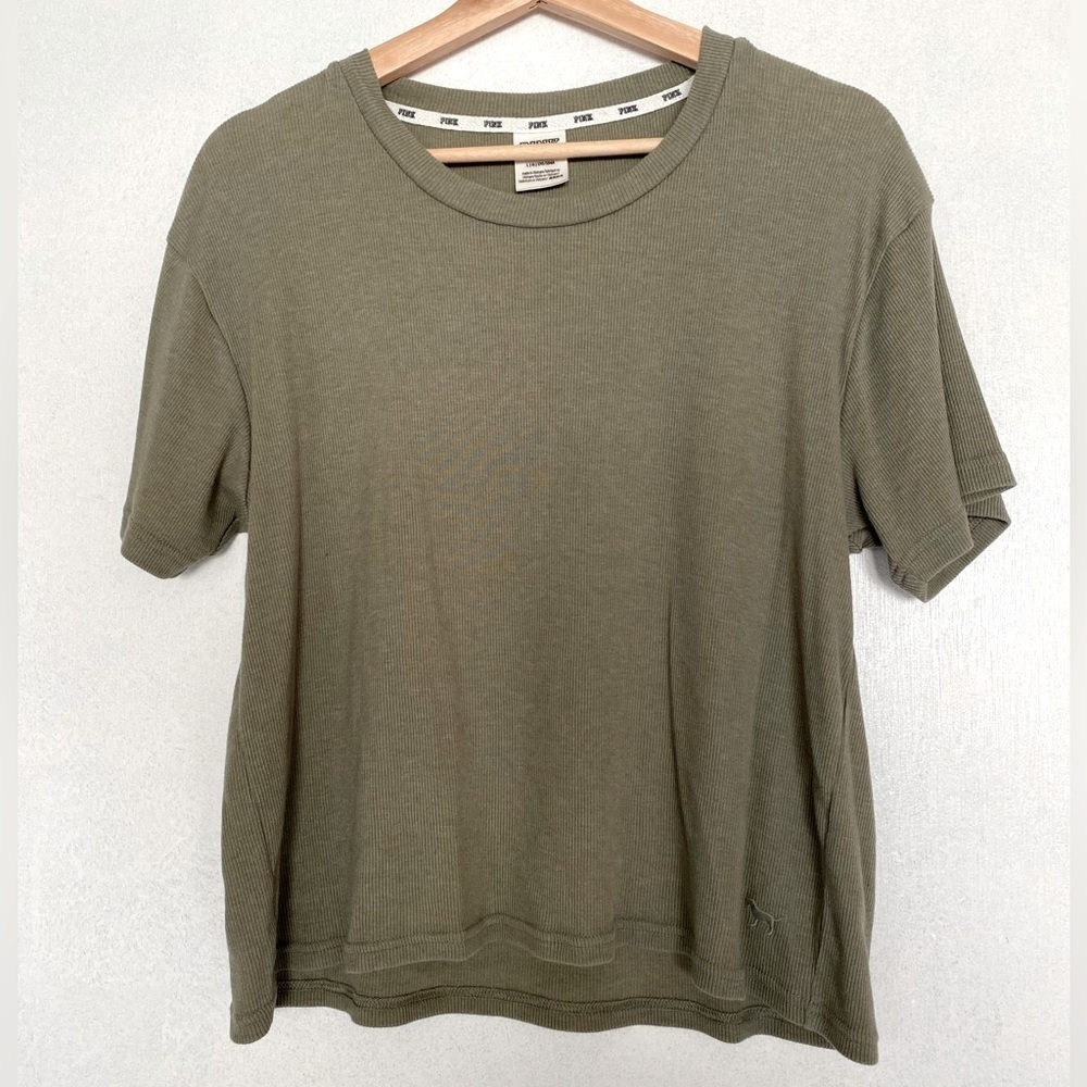 PINK Green Ribbed Stretchy Short Sleeve Top Size Large